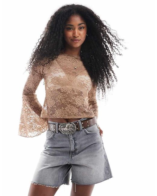 Miss Selfridge Gray Extreme Flare Sleeve Lace Long Sleeve Top