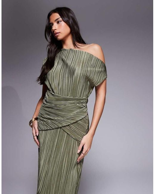 ASOS Green Plisse Twist Waist One Shoulder Midi Dress
