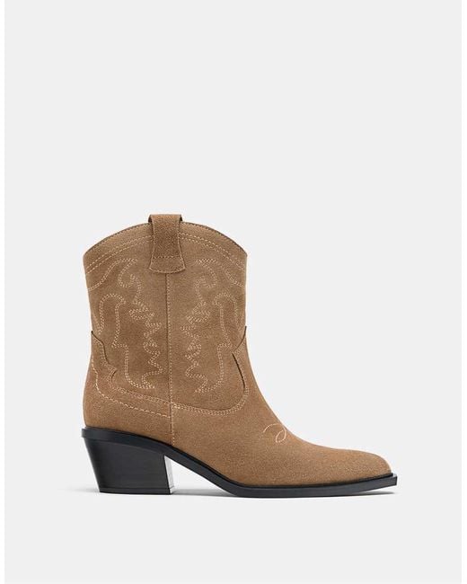 Stradivarius Natural Split Leather Cowboy Ankle Boots