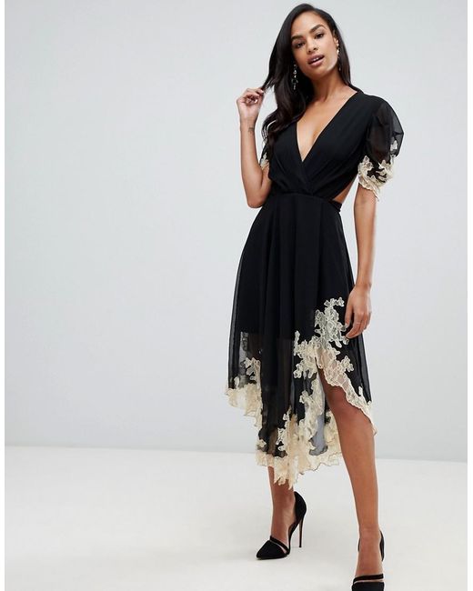 ASOS Black Soft Midi Dress With Lace Inserts