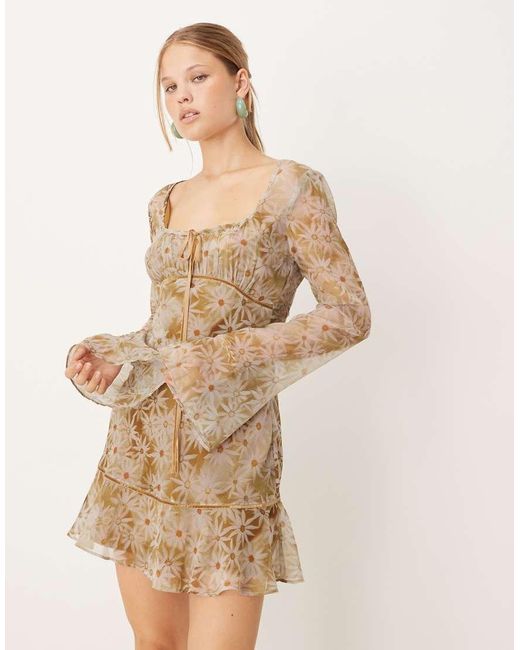 ASOS Natural Ruched Bust Long Sleeve Mini Dress