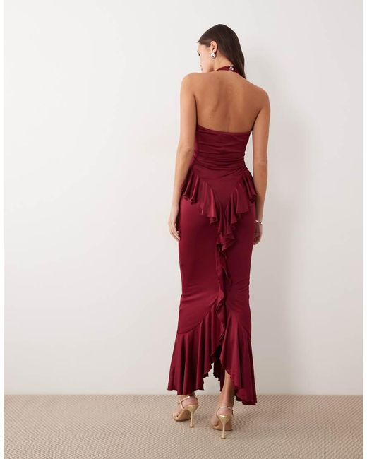 Ruched & Ready Red Sculpting Halterneck Open Back Ruffle Drape Detail Maxi Dress