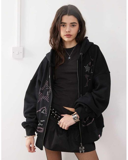 Minga Black London Ascii Cat Studded Zip Up Hoodie