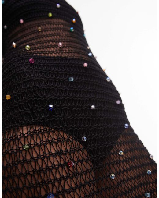 TOPSHOP Black – weitmaschiges strick-minikleid mit bunten perlen