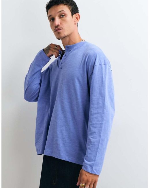 Reclaimed Vintage Blue Long Sleeve Slub Jersey Henley T-shirt for men