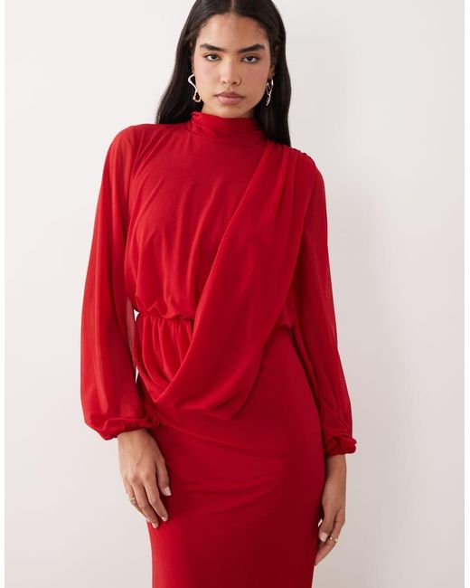 DASKA Red Chiffon Draped Bodice Maxi Dress