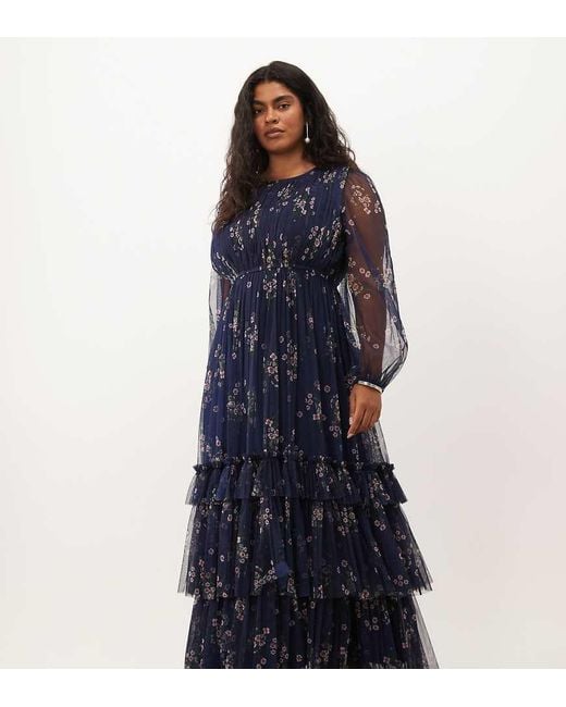 Lace & Beads Plus Blue Tulle Sheer Balloon Sleeve Tie Waist Tiered Maxi Dress