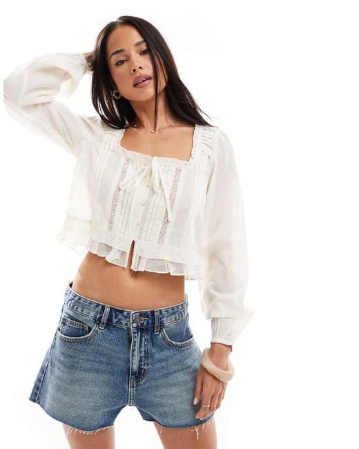 Stradivarius White Ruffle Tie Front Long Sleeve Top