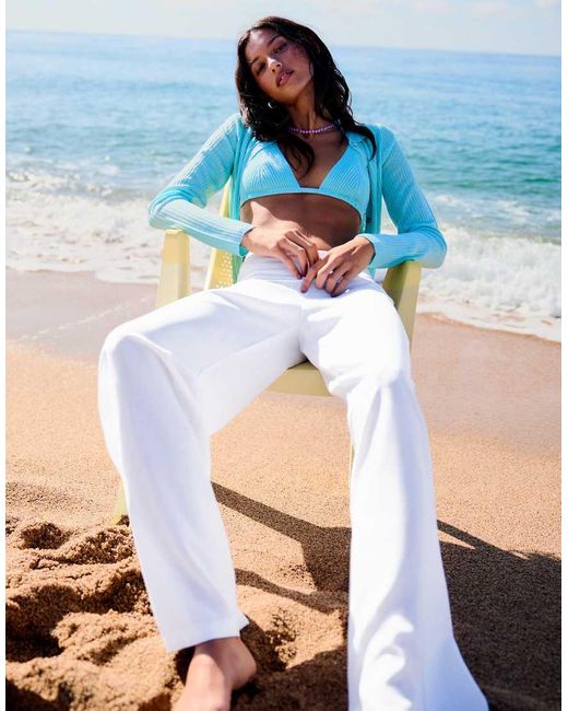 Bershka White Tall Turn-Up Waist Trousers