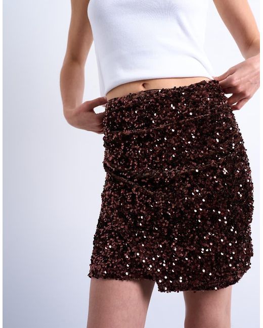 TOPSHOP Brown Velvet Sequin Drape Mini Skirt