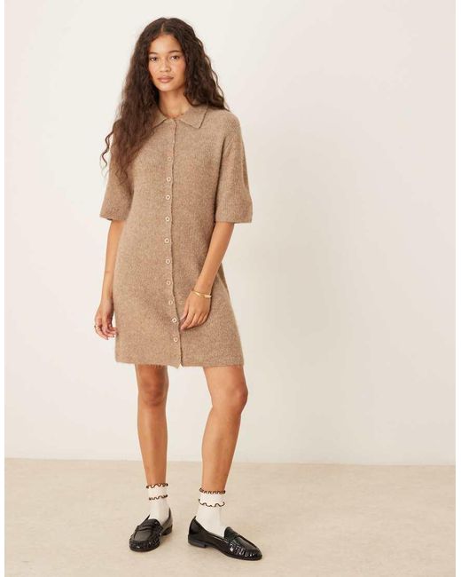 Gina Tricot Natural Short Sleeve Collar Button Through Knitted Mini Dress