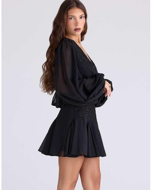 House Of Cb Black Gianna Hand Beaded Georgette Mini Dress