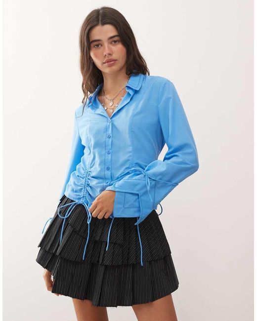 Lioness Blue Society Ruched Bow Tie Detail Button Front Shirt