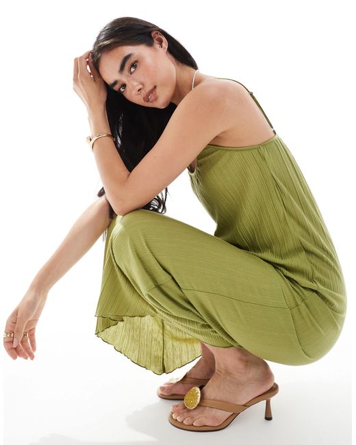 Vero Moda Green Plisse Jersey Maxi Dress With Asymmetric Hem