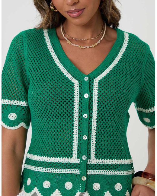 Threadbare Green Crochet Flower Hem Button Up Top