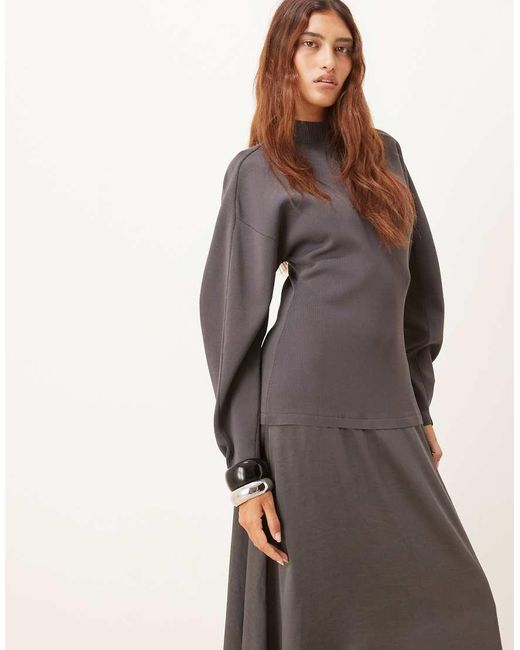 ARRANGE Gray Hybrid Knit Mix Sculpted Sleeve Maxi Dress