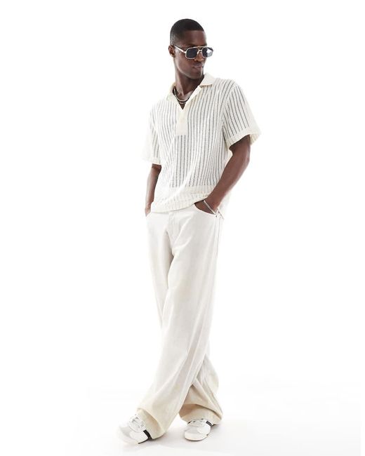 River Island White Boxy Fit Crochet Polo for men