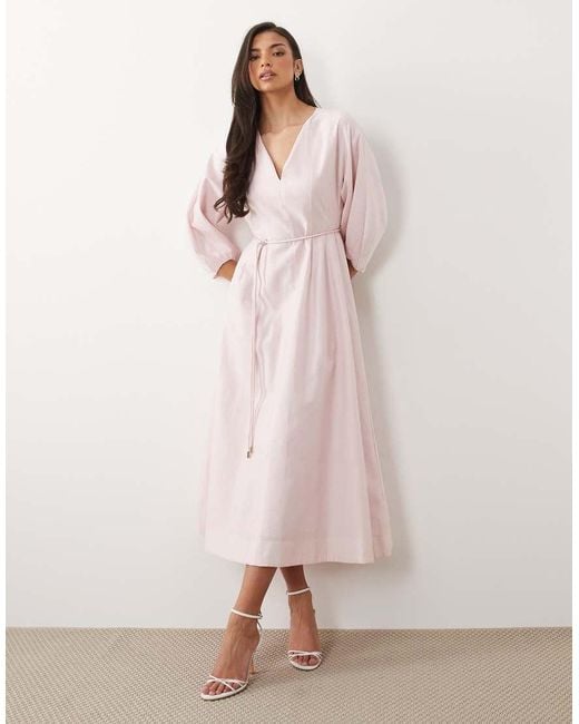 Forever New Pink Linen V Neck Tie Detail Midi Dress