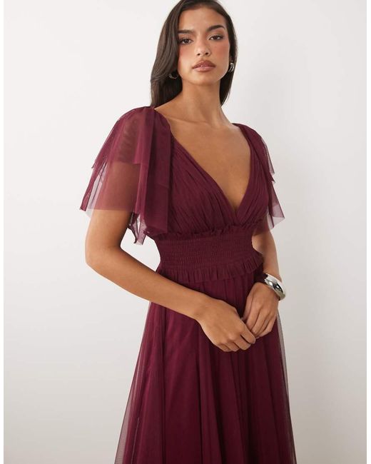 LACE & BEADS Bridesmaid Shirred Waist V-neck Mesh Flutter Sleeve Maxi Dress