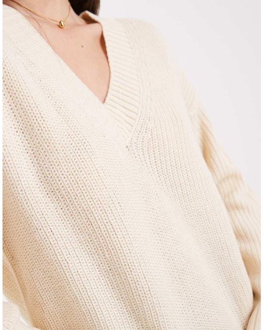 Brave Soul Natural Deep V Neck Fisherman Knit Sweater