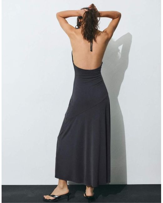 Pull&Bear Black Long Cupro Halter Dress