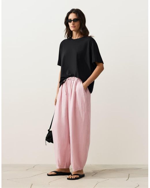 Oysho Pink 100% Linen Pleated Balloon Trousers