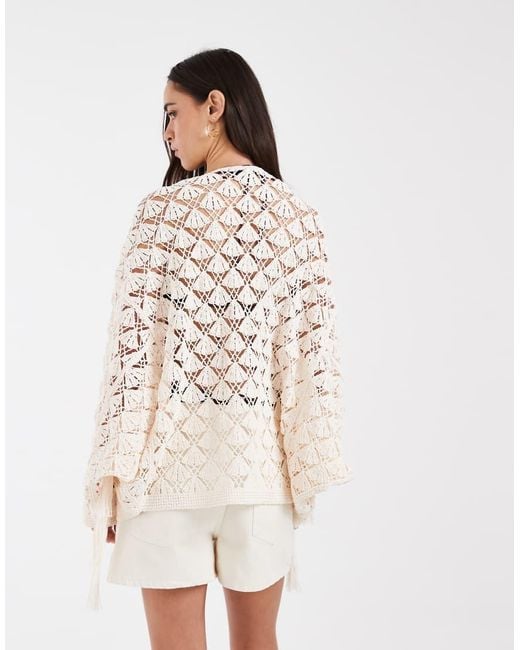 ASOS Natural Premium Crochet Stitch Fringed Cardigan