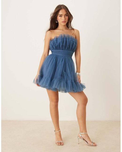 LACE & BEADS Blue Bandeau Structured Mini Dress