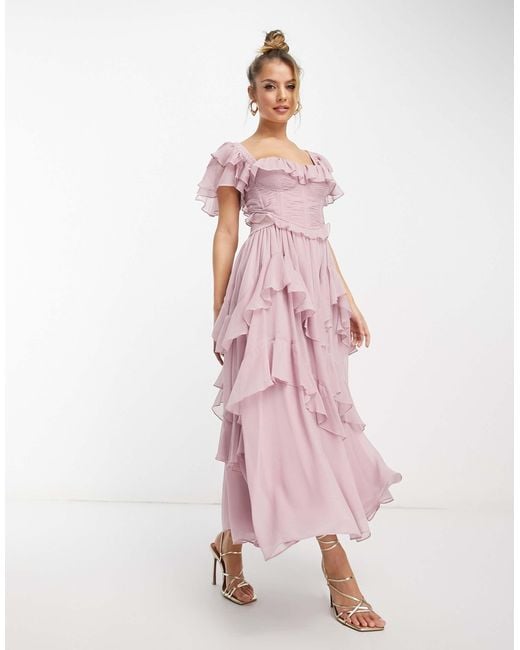 ASOS Pink Flutter Sleeve Ruched Corset Detail Tiered Midi Dress