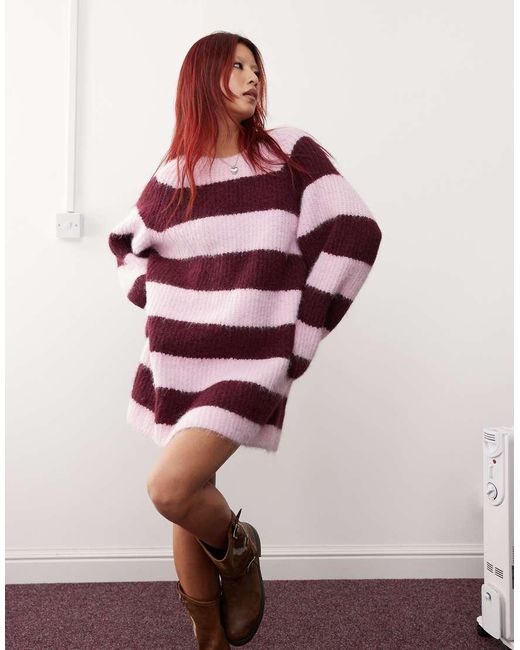 Monki Red Long Sleeve Crew Neck Mini Knitted Dress
