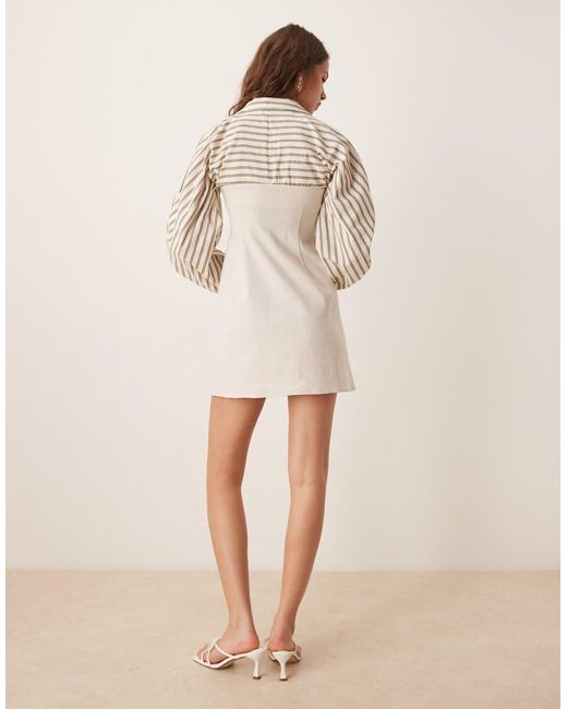 ASOS 1 Linnen Bengaline En Gestreept Overhemd Mini Jurkje in het Natural