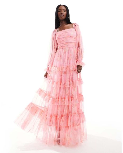 LACE & BEADS Pink Balloon Sleeve Ruffle Maxi Dress