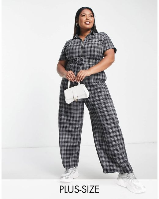 Lola May Curve Blue Lola may plus – karierter jumpsuit mit weitem schnitt und reißverschluss vorne