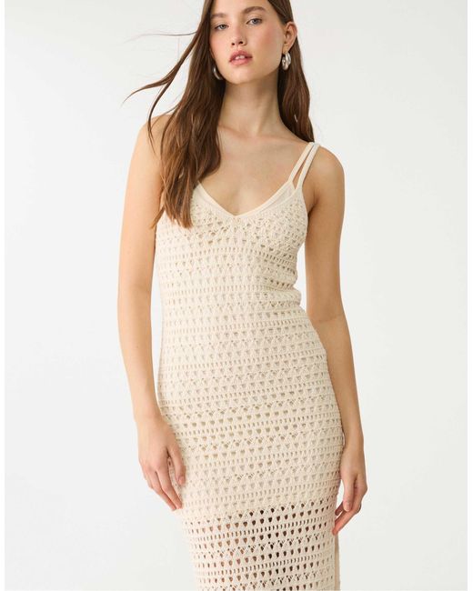 Stradivarius Natural – gehäkeltes, langes kleid