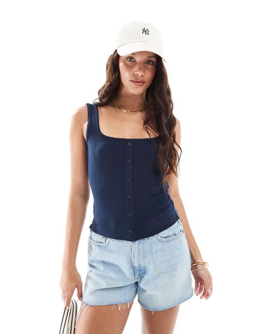 Miss Selfridge Blue Ribbed Button Through Sleeveless Tank Top