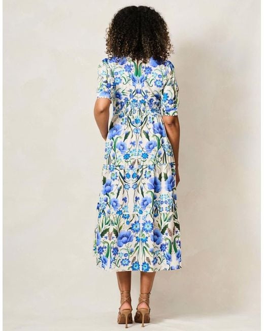 Hope & Ivy Blue The Erica V-Neck Full-Skirt Tea Dress With Puff Sleeves
