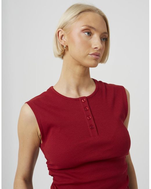 Brave Soul Red Sleeveless Button Neck Top With Ruched Detail