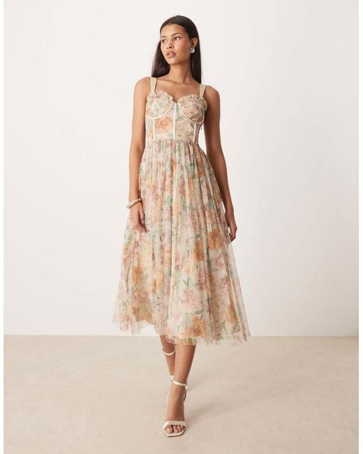LACE & BEADS Natural Tulle Corset Midi Dress