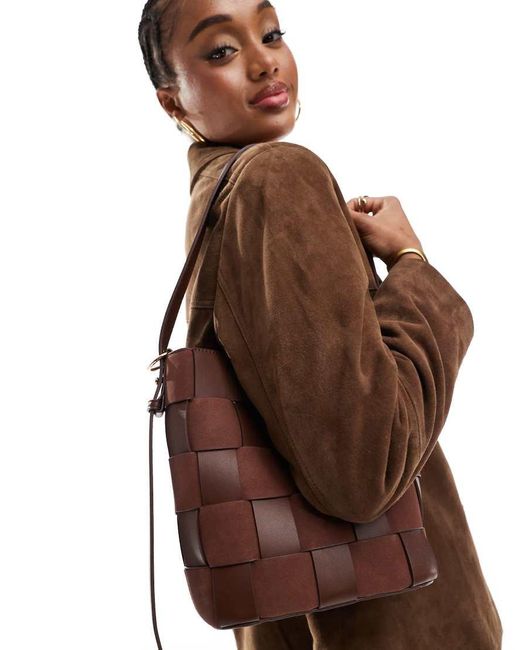 ASOS Brown Faux Suede And Faux Leather Weave Bucket Tote Bag