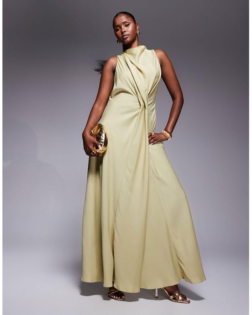 ASOS Natural High Neck Drape Maxi Satin Dress With Tucked Detail