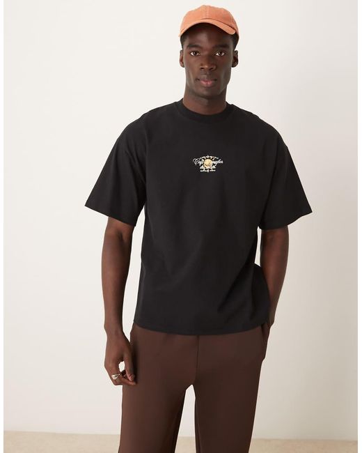 Camiseta Negra Extragrande Con Estampado De Sol En La Espalda De Tejido Grueso De SELECTED de hombre de color Blue