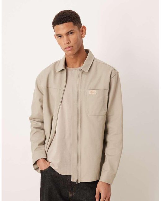 ASOS Natural Cotton Zip Through Overshirt With Chest Badge for men