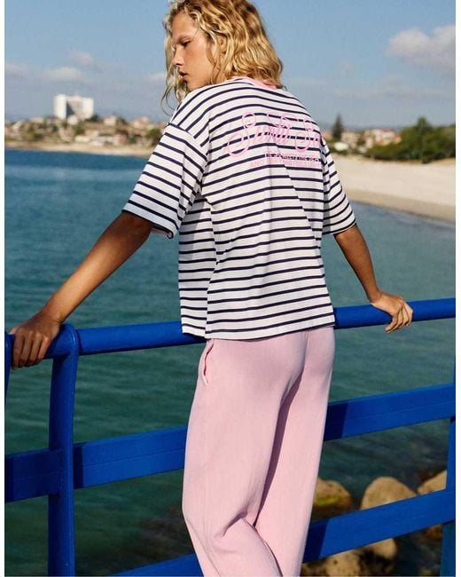 Pull&Bear Blue Striped Ribbed Text T-shirt