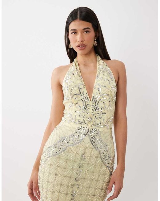 Beauut Natural Fully Embellished Beaded Plunge Halter Neck Maxi Dress