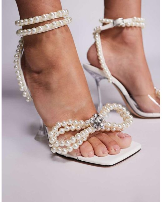 Public Desire White Glimmer Wrap Around Pearl Detail Bow Square Toe Cake Stand Heels