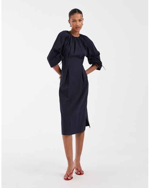 & Other Stories Blue Volume Cinch Sleeve Midi Dress