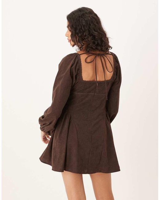 ASOS Natural Cord Square Neck Gather Bust Mini Dress With Volume Sleeve And Lace Trims
