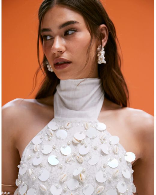 ASOS Orange Co-ord Linen Blend Halter Top With Faux Shell And Sequin Embellisment