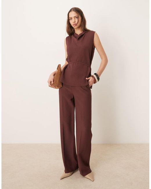 ASOS Natural Tailored Straight Leg Trousers With Skinny Belt
