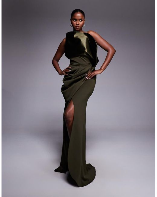 ASOS Green Premium Ruched Hip Maxi Dress With Structured Satin Drape Neck